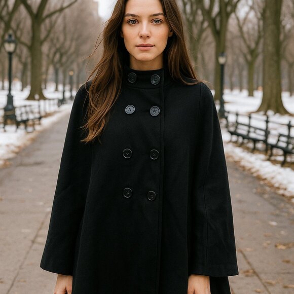 East 5th Poncho Swing Cape Front Button Up Black Lined OS - Picture 1 of 8